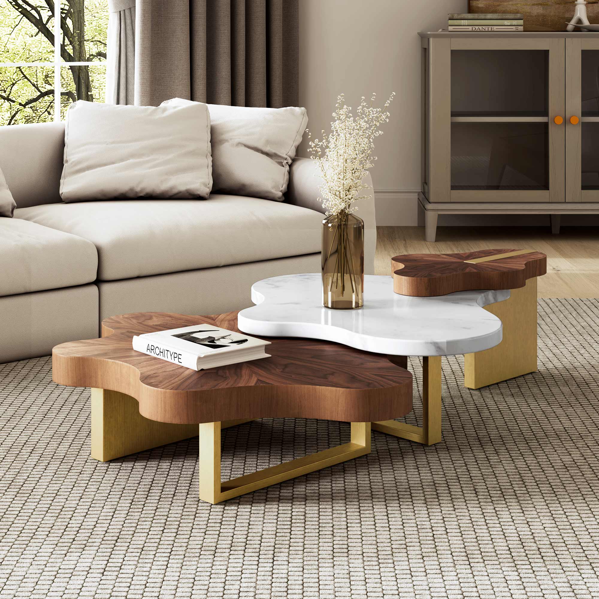 63" Cloud Shape Solid Wood Coffee Table Set - Image 3