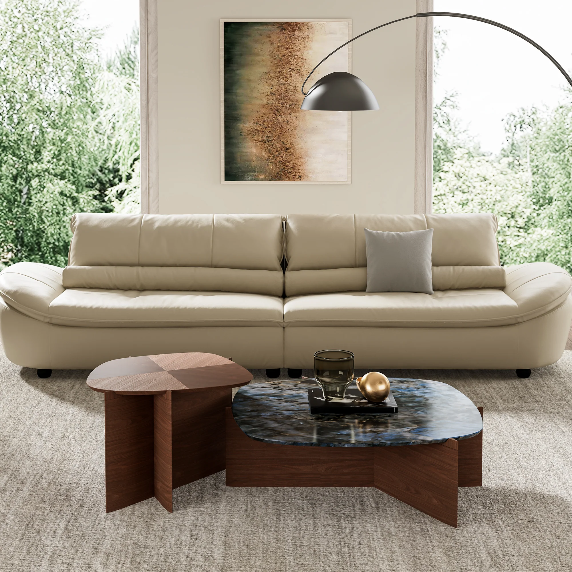 41" Walnut & Blue Jade Marble Irregular Coffee Table with Side Table Set - Image 5
