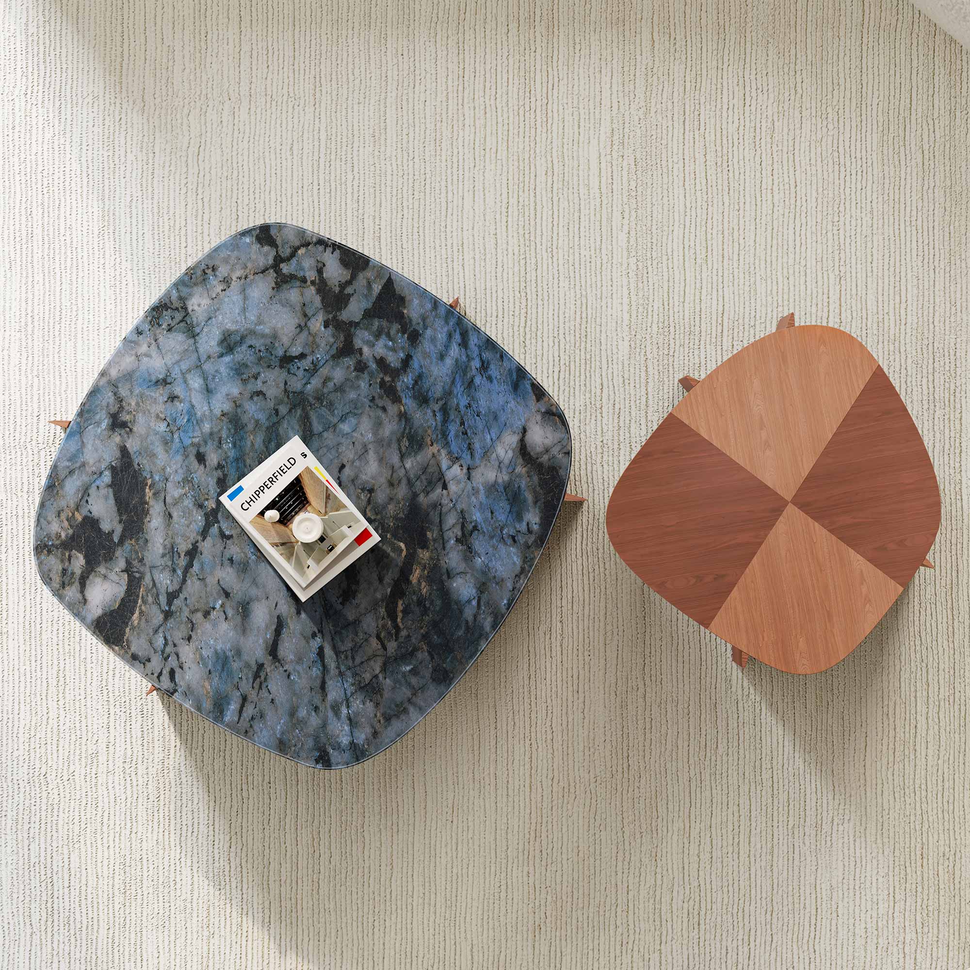41" Walnut & Blue Jade Marble Irregular Coffee Table with Side Table Set - Image 7