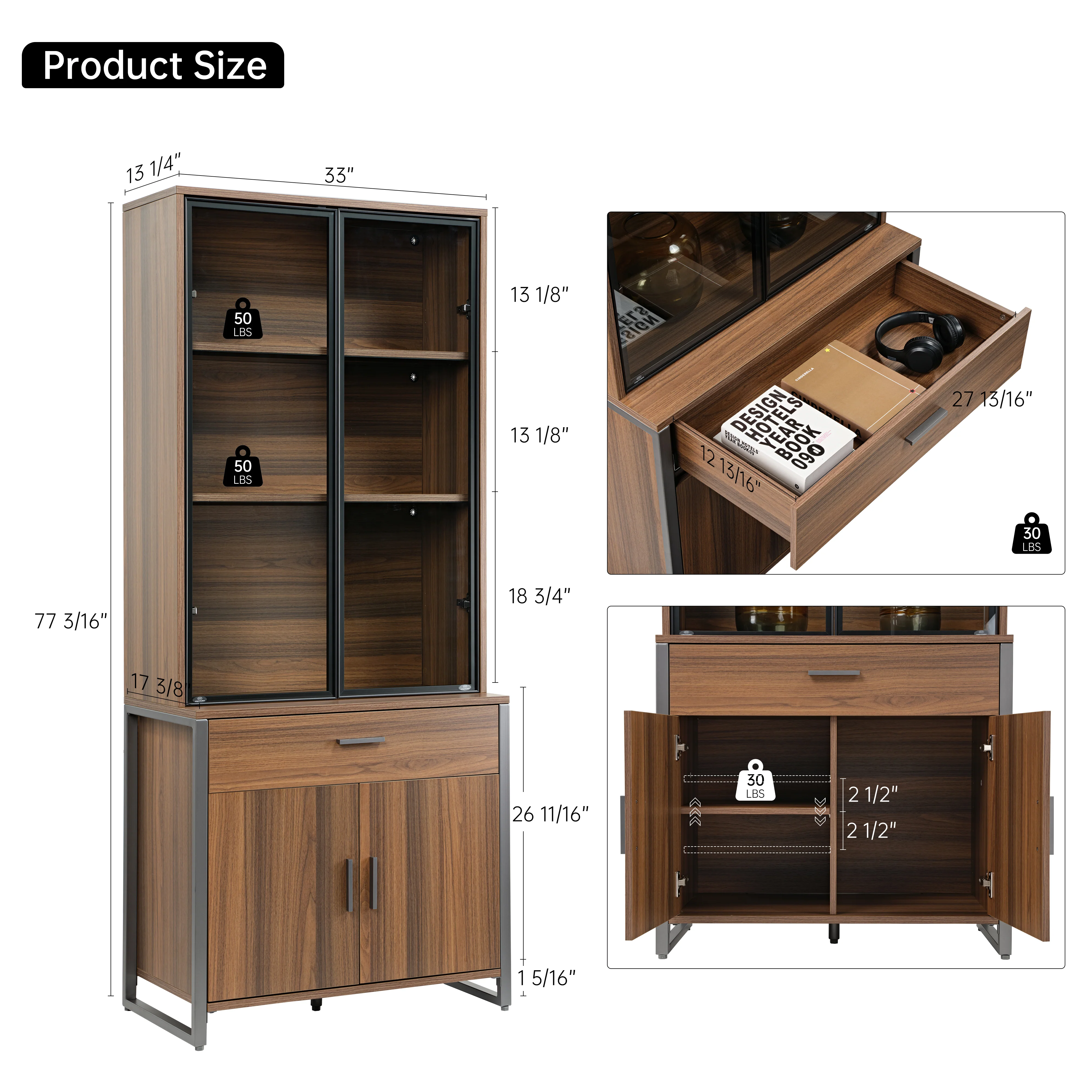 77'' Display Bookshelf with Glass Door and Storage Cabinets, Walnut - Image 10