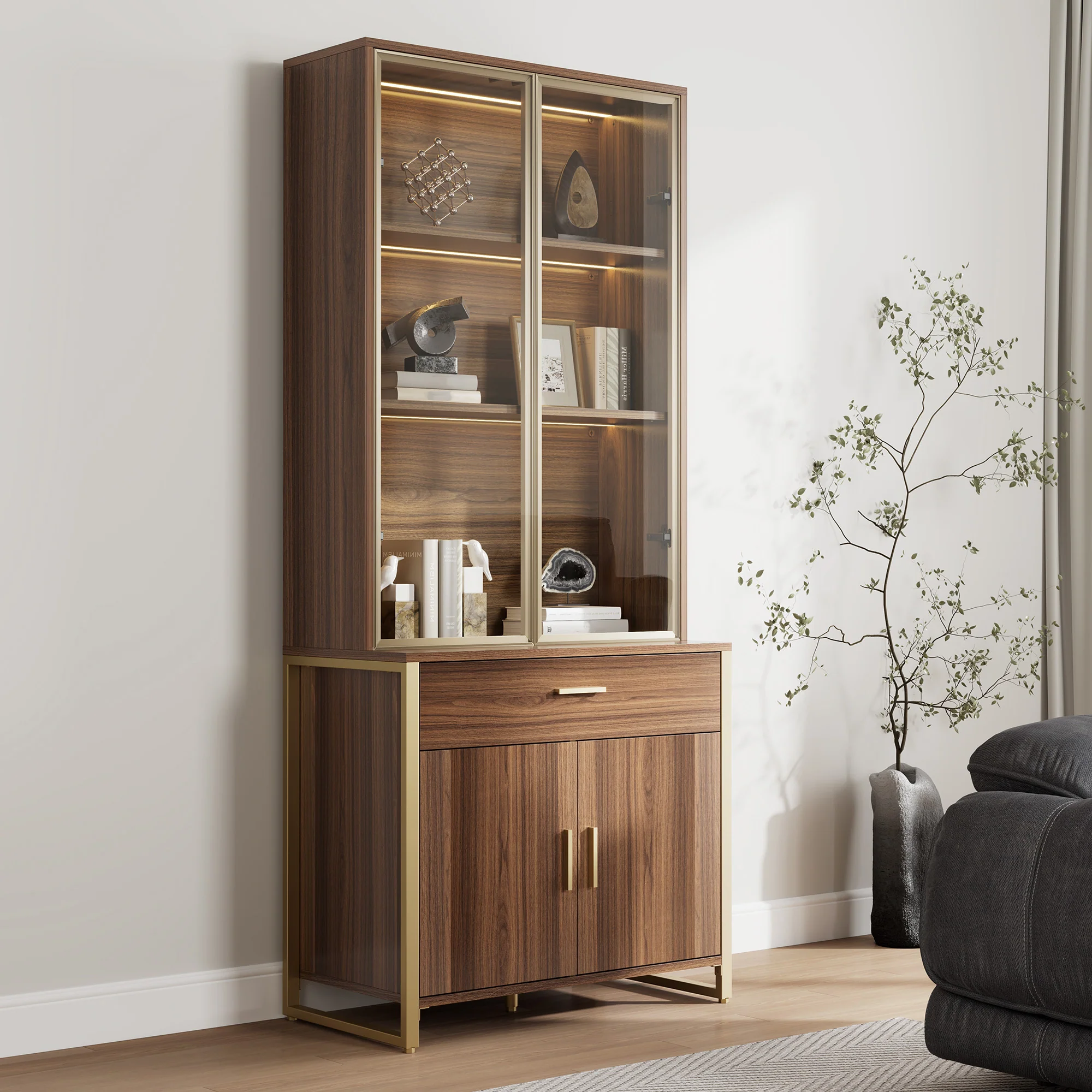 77'' Display Bookshelf with Glass Door and Storage Cabinets, Walnut - Image 11