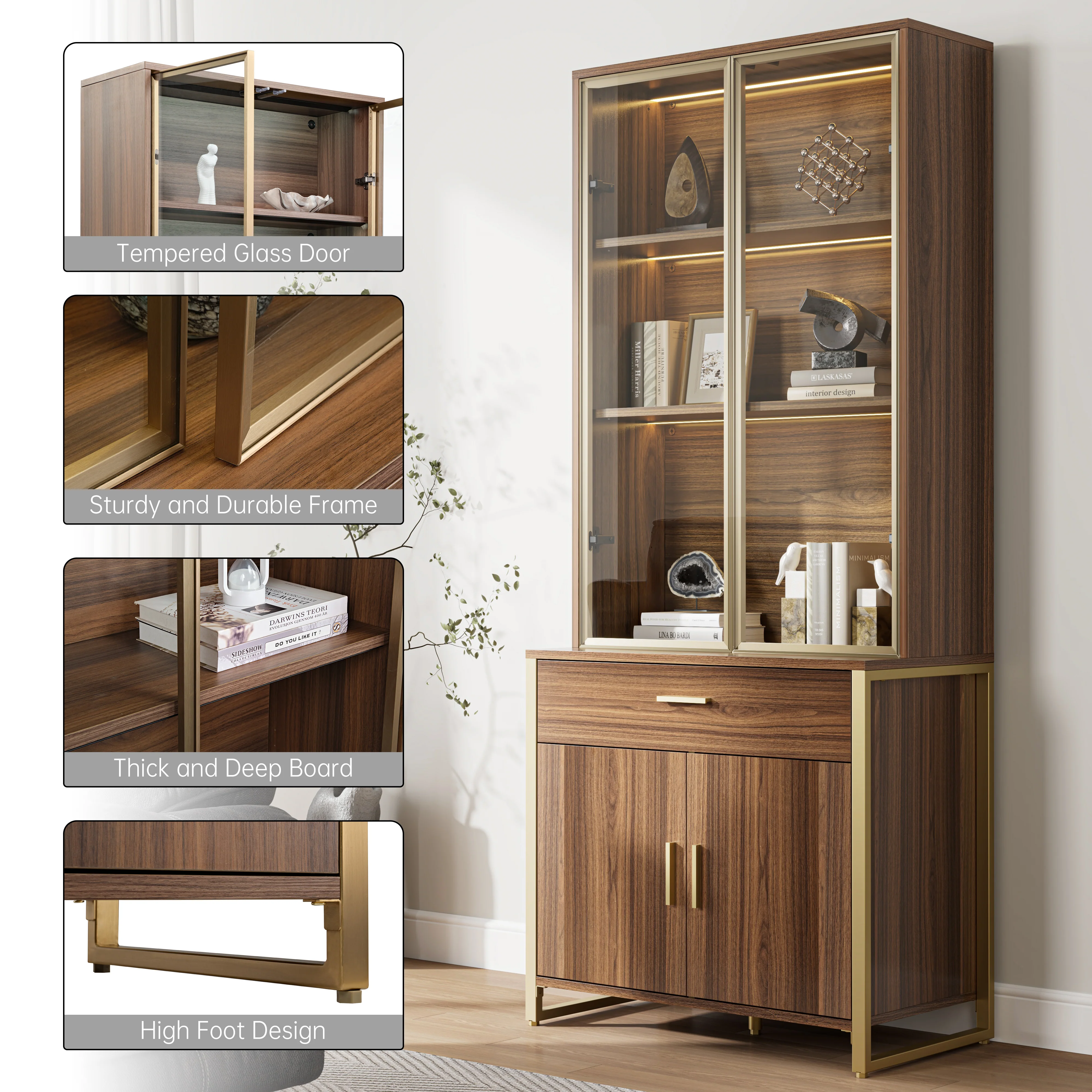 77'' Display Bookshelf with Glass Door and Storage Cabinets, Walnut - Image 17