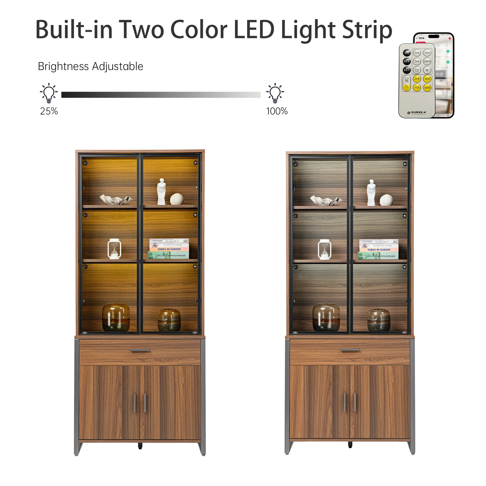 77'' Display Bookshelf with Glass Door and Storage Cabinets, Walnut - Image 5