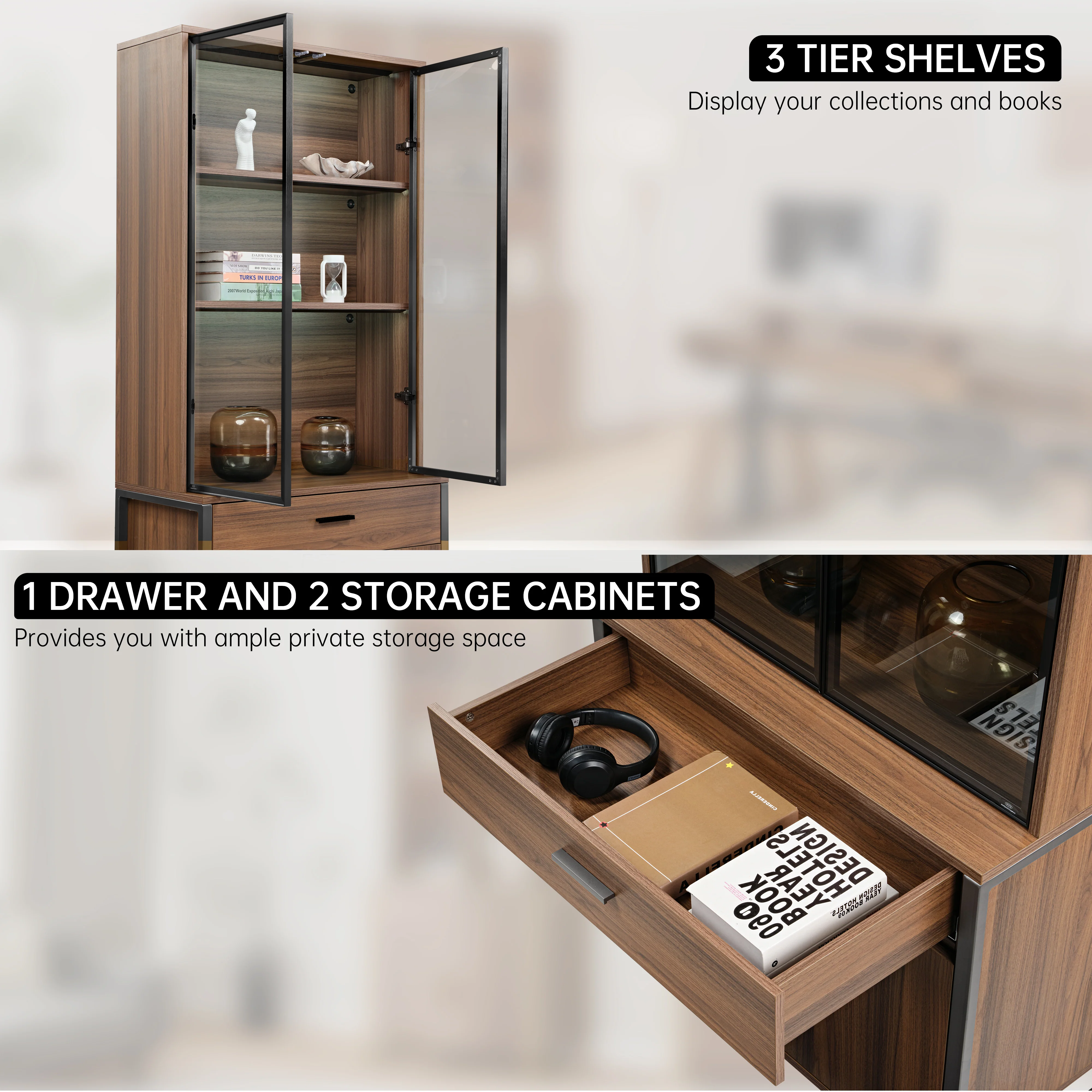 77'' Display Bookshelf with Glass Door and Storage Cabinets, Walnut - Image 6